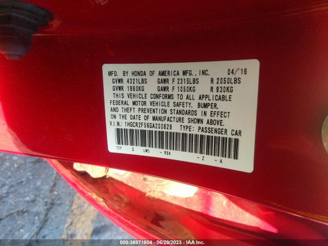 2016 HONDA ACCORD SEDAN SPORT VIN: 1HGCR2F56GA200629