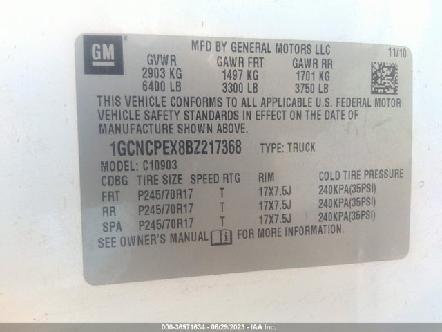 2011 CHEVROLET SILVERADO 1500 WORK TRUCK VIN: 1GCNCPEX8BZ217368
