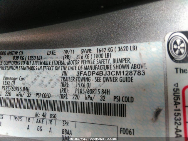 2012 FORD FIESTA SE VIN: 3FADP4BJ3CM128783