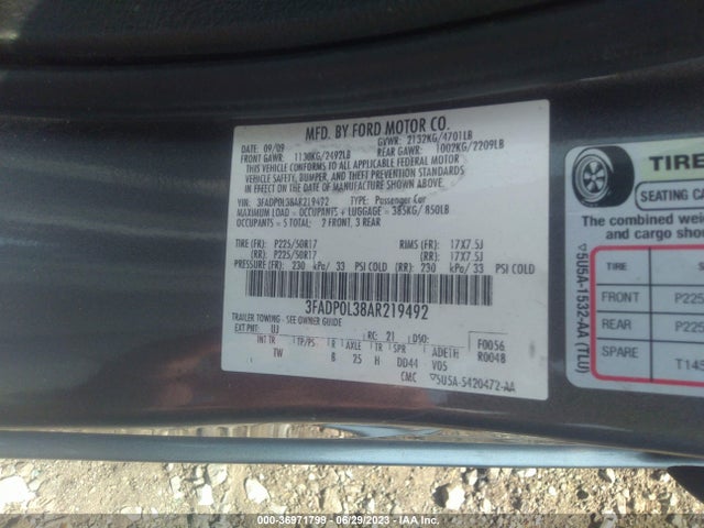 2010 FORD FUSION HYBRID VIN: 3FADP0L38AR219492