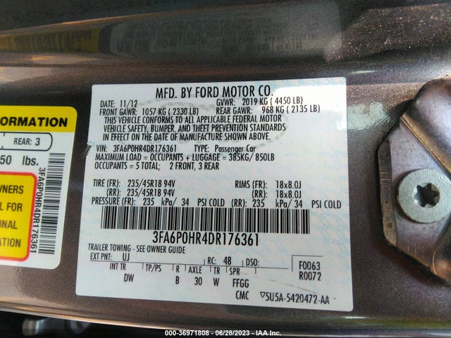2013 FORD FUSION SE VIN: 3FA6P0HR4DR176361