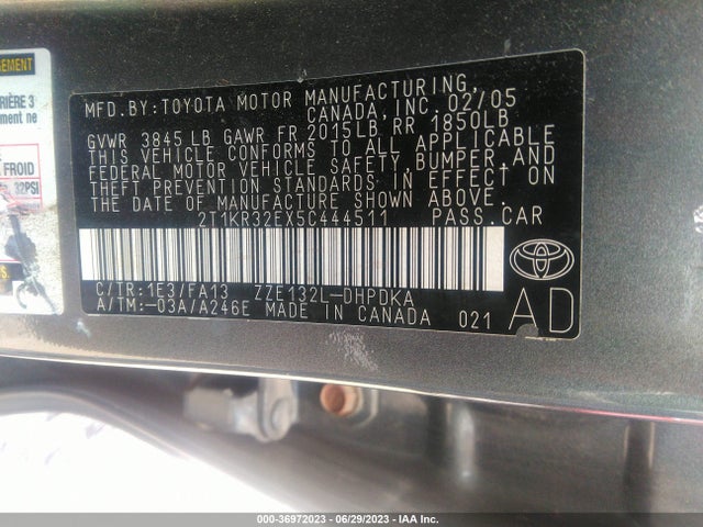 2005 TOYOTA MATRIX STD/XR VIN: 2T1KR32EX5C444511