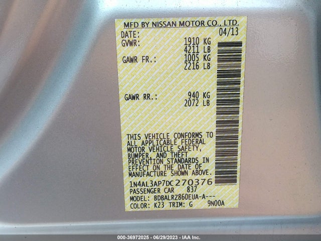 2013 NISSAN ALTIMA 2.5 S VIN: 1N4AL3AP7DC270376