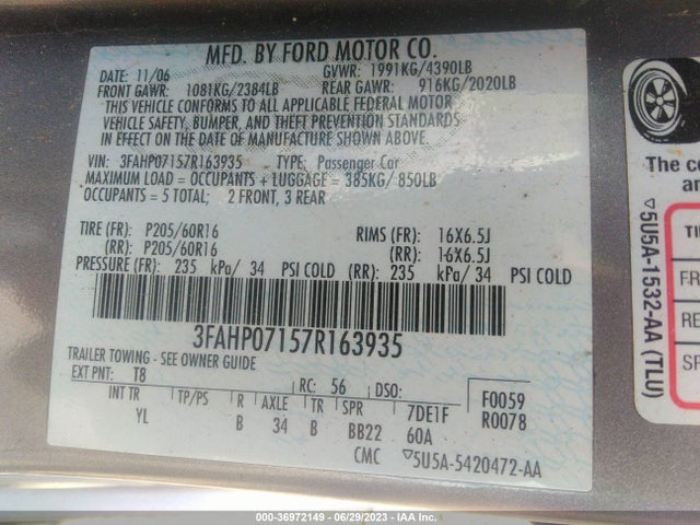 2007 FORD FUSION SE VIN: 3FAHP07157R163935