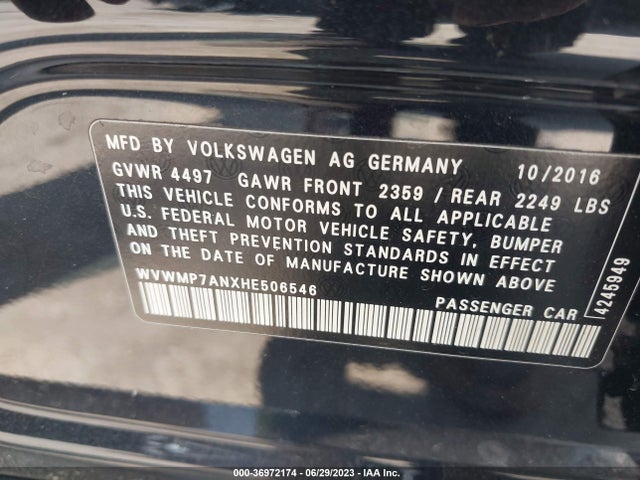 2017 Volkswagen CC, VIN: WVWMP7ANXHE506546