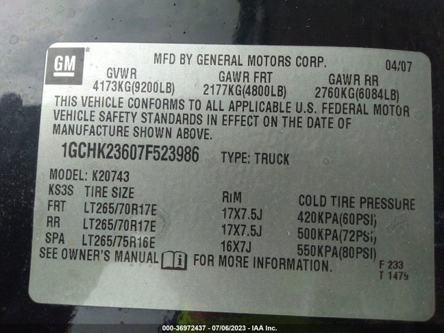 2007 CHEVROLET SILVERADO 2500HD LTZ VIN: 1GCHK23607F523986