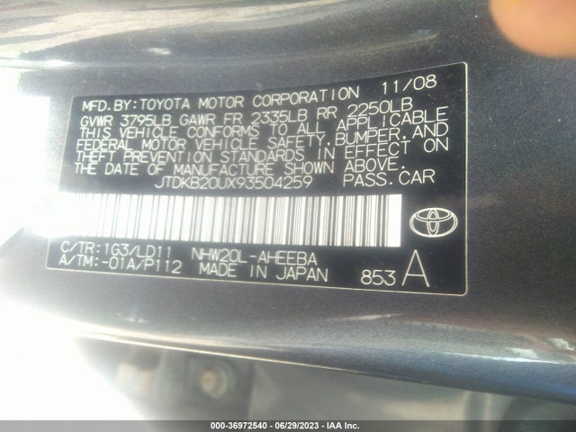 2009 TOYOTA PRIUS VIN: JTDKB20UX93504259