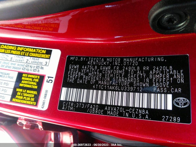 2020 TOYOTA CAMRY LE VIN: 4T1C11AK6LU339712