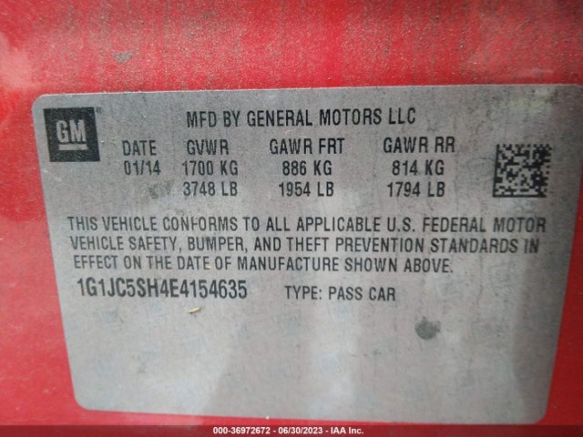 Chevrolet SONIC LT 2014 1G1JC5SH4E4154635 Image 9