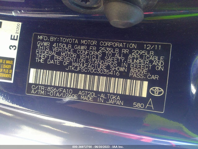 Aukcja sprzedaży 2012 Scion Tc, vin: JTKJF5C70C3035416, numer aukcji: 36972700