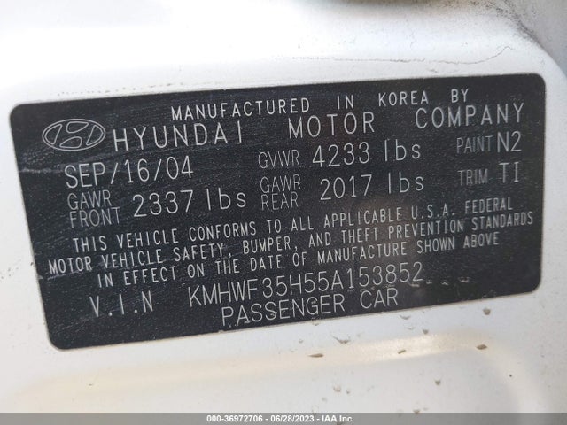 2005 HYUNDAI SONATA GLS/LX/GLS SPECIAL VALUE VIN: KMHWF35H55A153852
