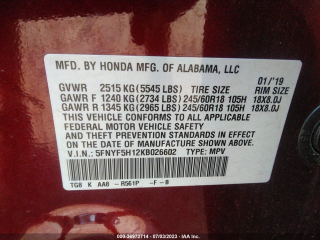 Honda PILOT LX 2019 5FNYF5H12KB026602 Image 9