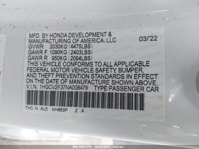 2022 HONDA ACCORD SEDAN SPORT VIN: 1HGCV2F37NA008479