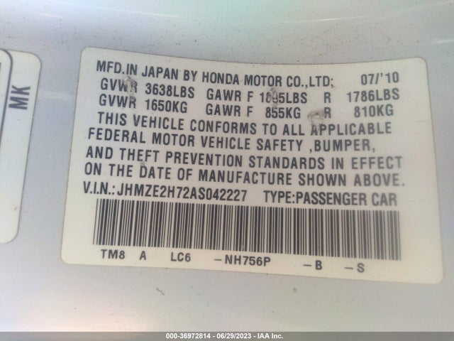 2010 HONDA INSIGHT EX VIN: JHMZE2H72AS042227
