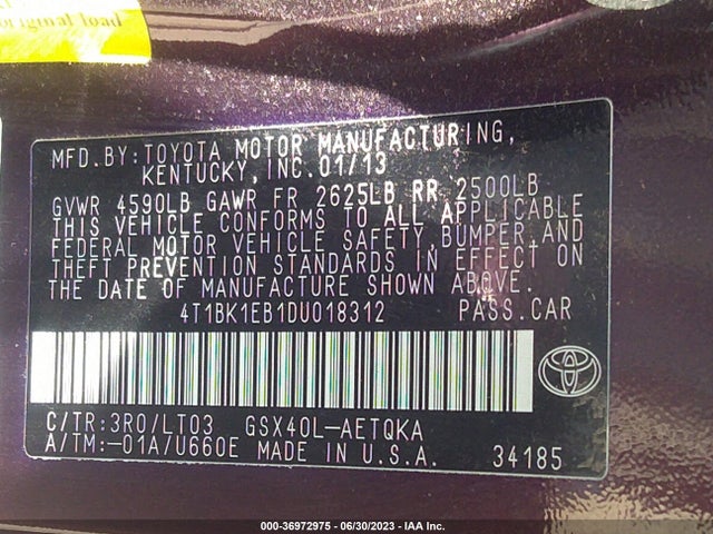 2013 TOYOTA AVALON XLE/LIMITED VIN: 4T1BK1EB1DU018312