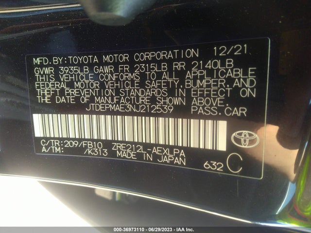 2022 TOYOTA COROLLA LE VIN: JTDEPMAE3NJ212539