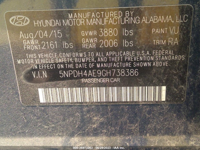 Aukcja sprzedaży 2016 Hyundai Elantra Se, vin: 5NPDH4AE9GH738386, numer aukcji: 36973263
