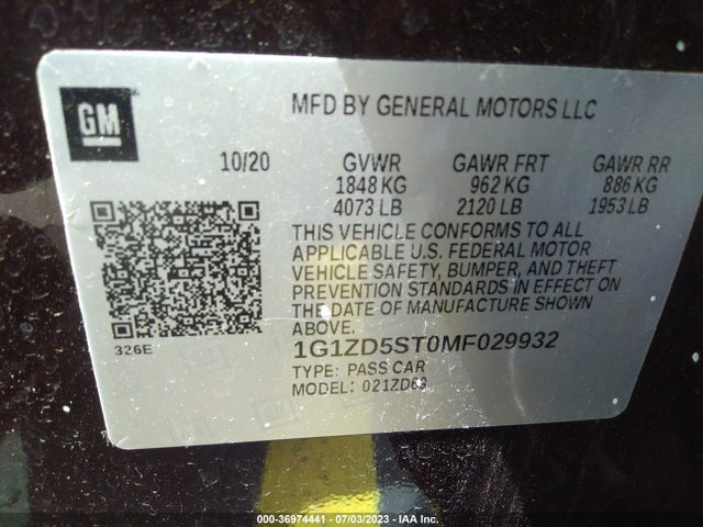 2021 CHEVROLET MALIBU LT VIN: 1G1ZD5ST0MF029932