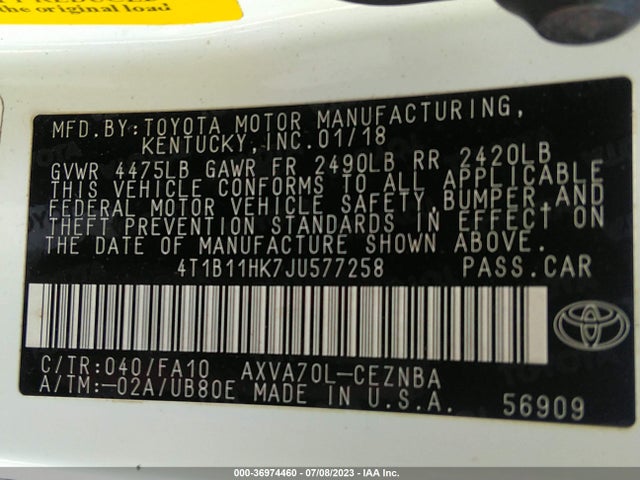 Toyota Camry Le/se/xle/l 2018 4T1B11HK7JU577258 Image 9