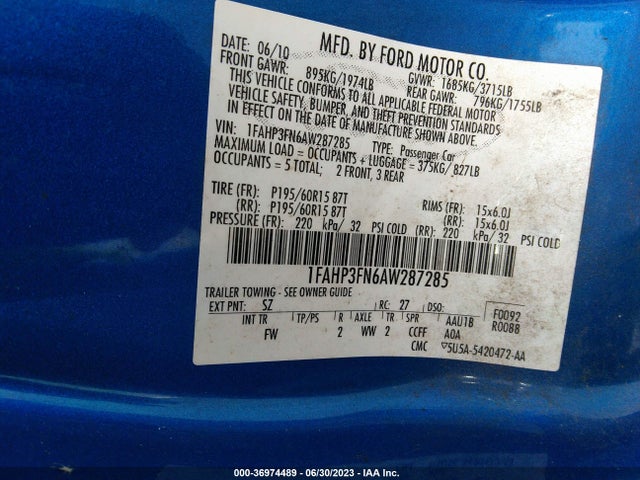 2010 FORD FOCUS SE VIN: 1FAHP3FN6AW287285
