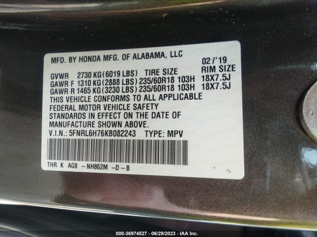 Honda Odyssey Ex-l 2019 5FNRL6H76KB082243 Image 9