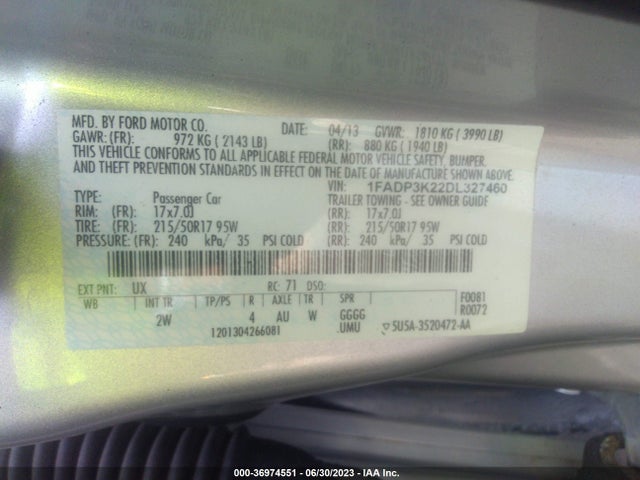 2013 FORD FOCUS SE VIN: 1FADP3K22DL327460