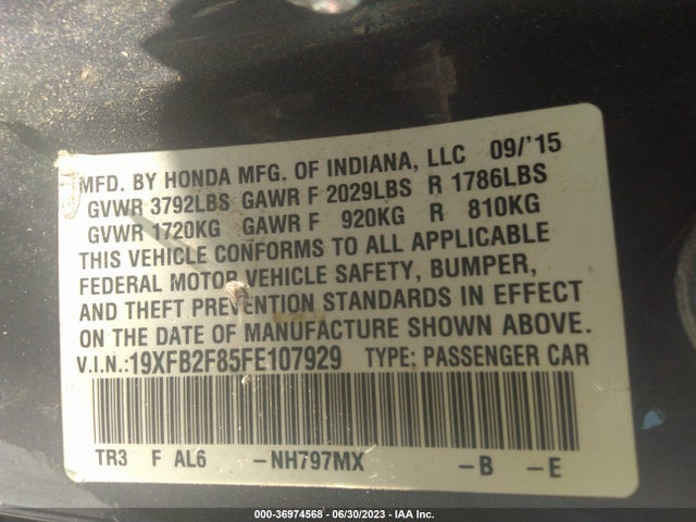 2015 HONDA CIVIC SEDAN EX VIN: 19XFB2F85FE107929