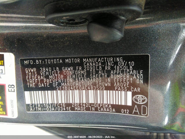 2010 TOYOTA COROLLA VIN: 2T1BU4EE0AC483599