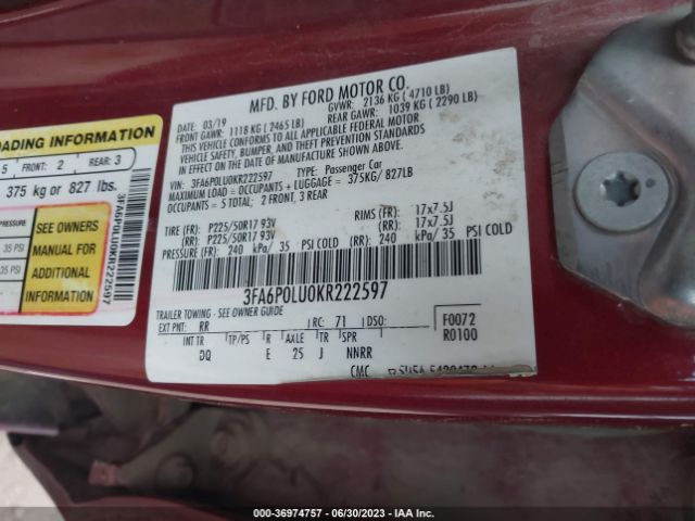 3FA6P0LU0KR222597 Ford Fusion Hybrid Se
