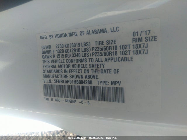 2017 HONDA ODYSSEY TOURING VIN: 5FNRL5H91HB004280