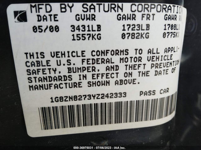 2000 SATURN SW VIN: 1G8ZN8273YZ242333