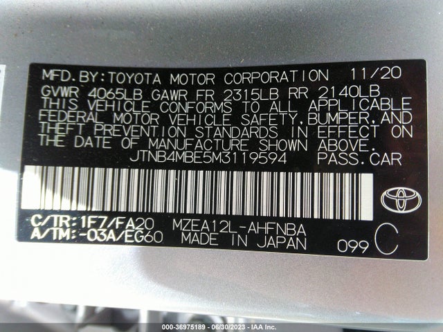 2021 TOYOTA COROLLA HATCHBACK SE/XSE VIN: JTNB4MBE5M3119594