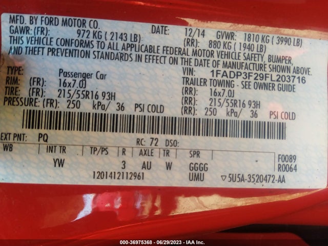 2015 FORD FOCUS SE VIN: 1FADP3F29FL203716