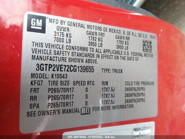 2012 GMC SIERRA 1500 SLE VIN: 3GTP2VE72CG139655