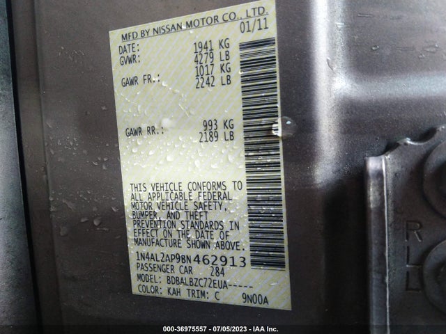 2011 NISSAN ALTIMA 2.5 S VIN: 1N4AL2AP9BN462913
