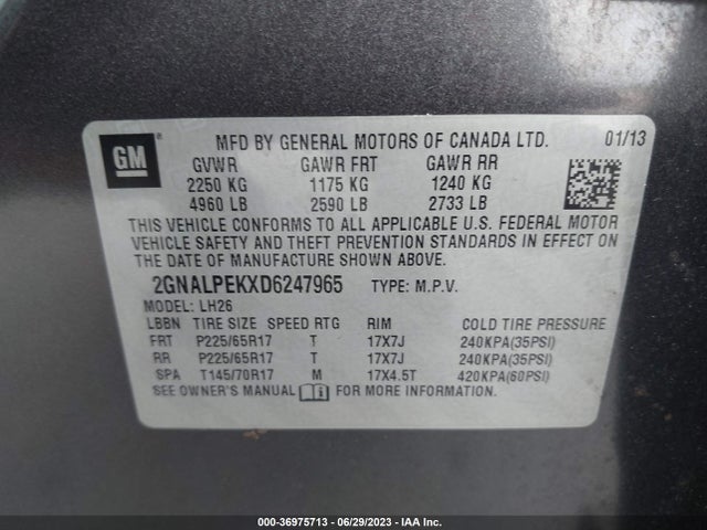 2013 CHEVROLET EQUINOX LT VIN: 2GNALPEKXD6247965