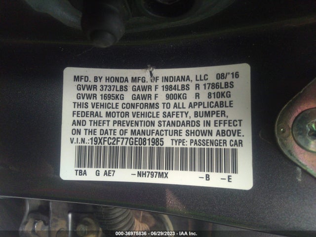 Honda Civic Sedan Ex 2016 19XFC2F77GE081985 Image 9