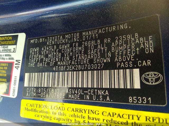 2011 TOYOTA CAMRY VIN: 4T1BF3EK2BU703027