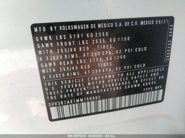 3VV3B7AX1MM159982 Volkswagen Tiguan Se/se R-line Black/sel