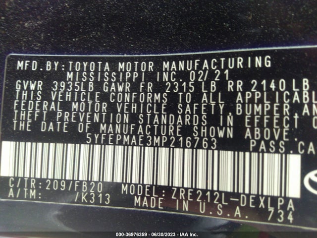 2021 TOYOTA COROLLA LE VIN: 5YFEPMAE3MP216763