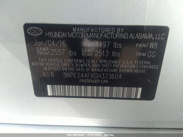 2016 HYUNDAI SONATA 2.4L SE VIN: 5NPE24AFXGH373604
