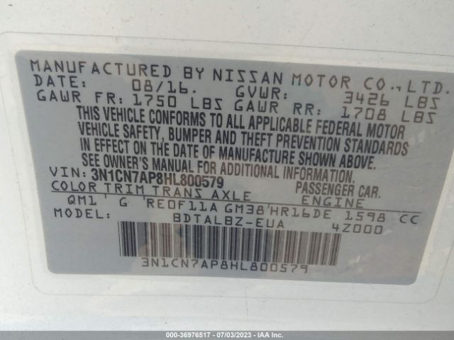 3N1CN7AP8HL800579 Nissan Versa Sedan Sv