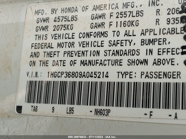 2009 HONDA ACCORD SDN EX-L VIN: 1HGCP36809A045214