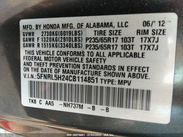 2012 HONDA ODYSSEY LX VIN: 5FNRL5H24CB114851