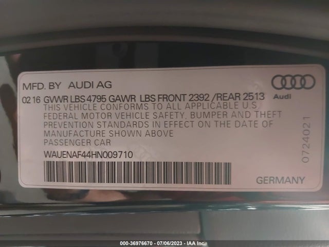 2017 AUDI A4 PREMIUM PLUS VIN: WAUENAF44HN009710