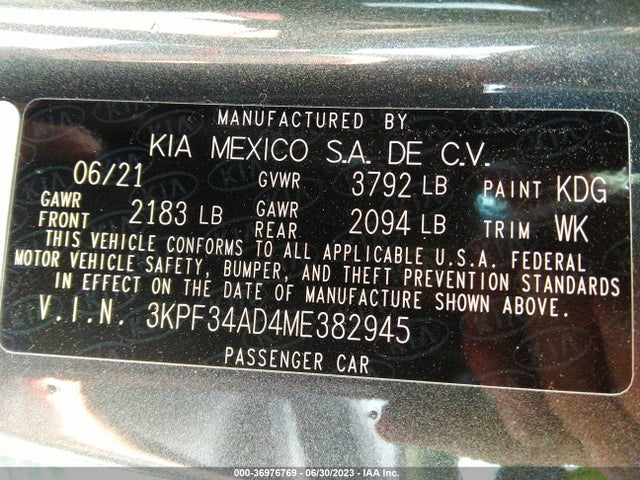 2021 KIA FORTE GT LINE VIN: 3KPF34AD4ME382945