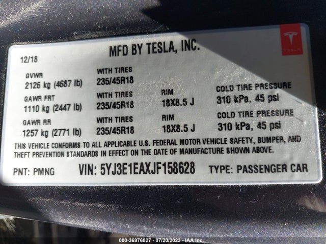 Tesla Model 3 Range Battery 2018 5YJ3E1EAXJF158628 Image 17