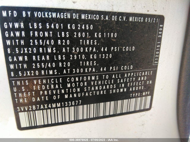 3VV2B7AX4MM133677 Volkswagen Tiguan Se/se R-line Black/sel