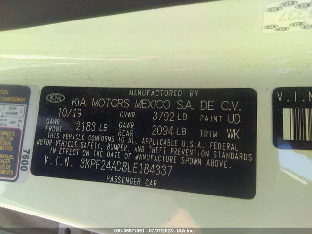 2020 KIA FORTE FE VIN: 3KPF24AD8LE184337