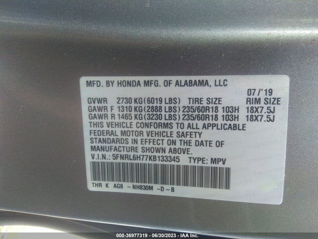 Honda Odyssey Ex-l 2019 5FNRL6H77KB133345 Image 9
